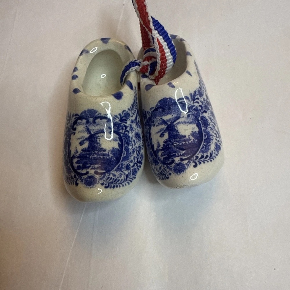 Vintage Pair of M S Handmade Mini Delft Blue Style Ceramic Shoes Holland Clogs